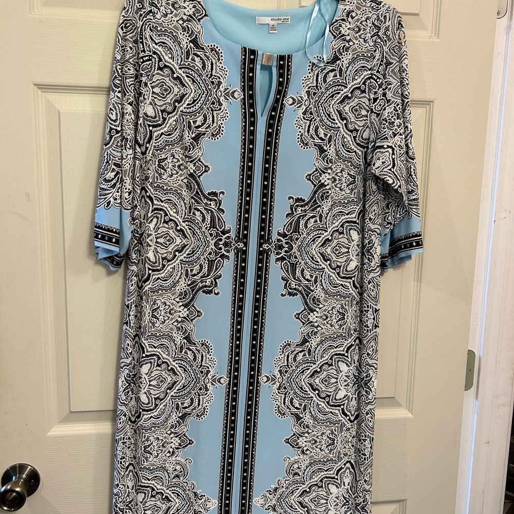 Studio One Black and Light Blue Long Sleeve Dress
